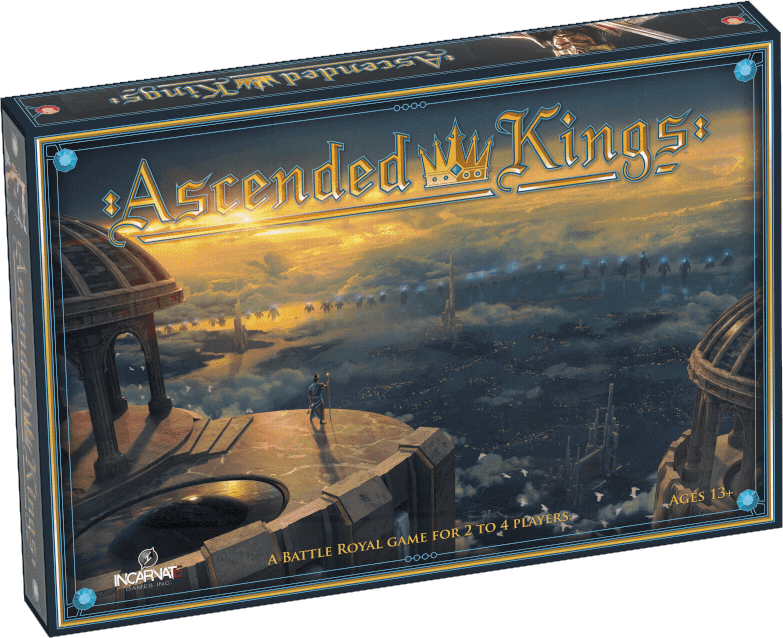 The fantasy art-themed box for Ascended Kings. Golden letters. A mysterious king or god on a floating temple looks down a t the realm below. At sunset.